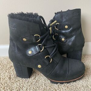 Sorel Addington Chelsea Lace Up Boots Black Leather Lux Holiday Shearling 8.5